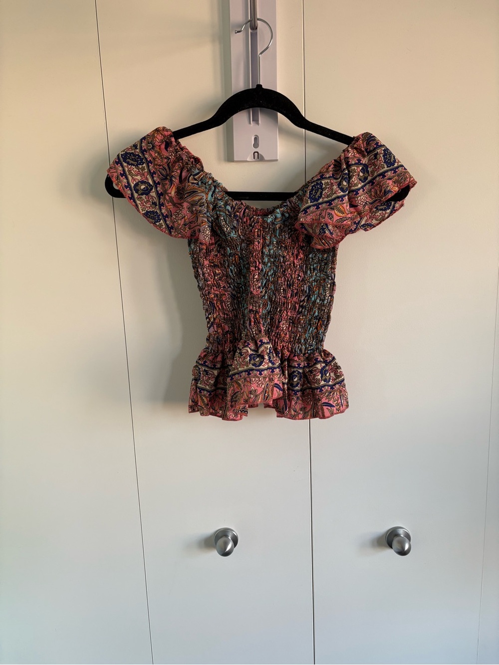 Smocked Off-Shoulder Floral Print Top - Pink Multicolor